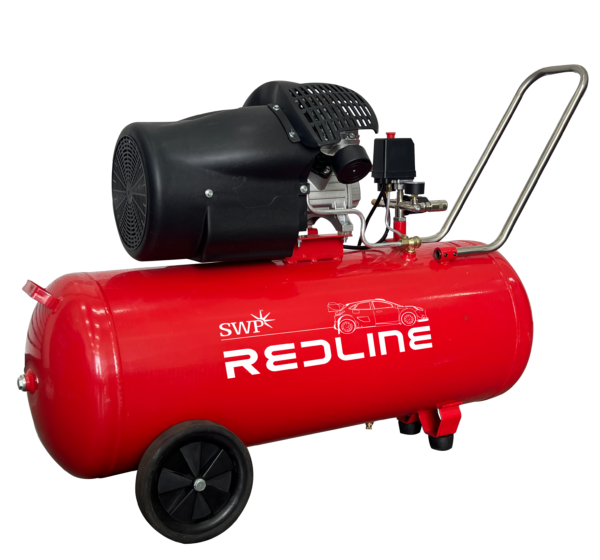 Red air compressor with wheels and motor.