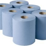 Six blue paper rolls stacked together.