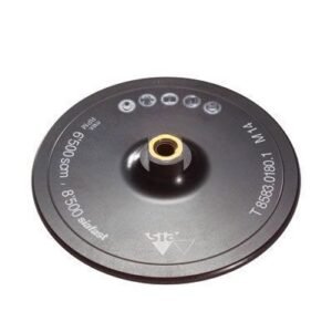 Circular black disc with mounting hole and labels