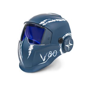 Blue welding helmet with visor and design.