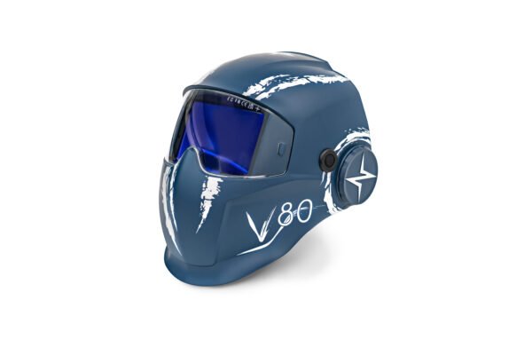 Blue welding helmet with visor and design.