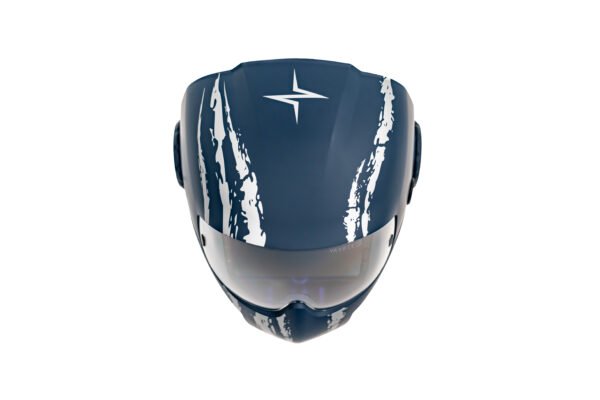 Blue and white racing helmet with visor