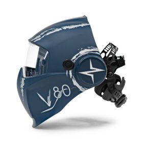 Side view of a blue protective helmet.