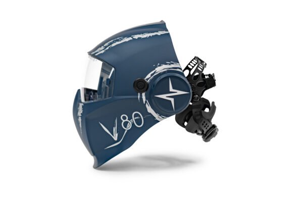 Side view of a blue protective helmet.