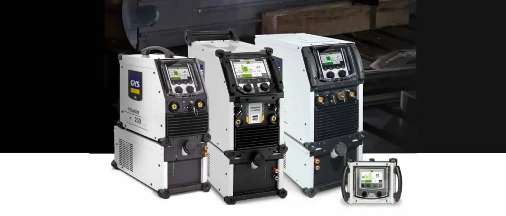 Four welding machines with digital displays and controls.