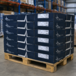 Stacked boxes of welding materials on a pallet