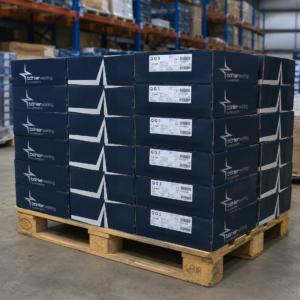 Stacked boxes of welding materials on a pallet