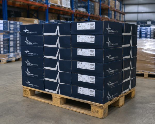 Stacked boxes of welding materials on a pallet