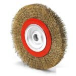 Circular brass wire brush wheel with red hub