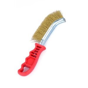 Curved wire brush with red plastic handle
