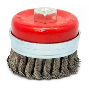 Red cup wire brush with steel bristles