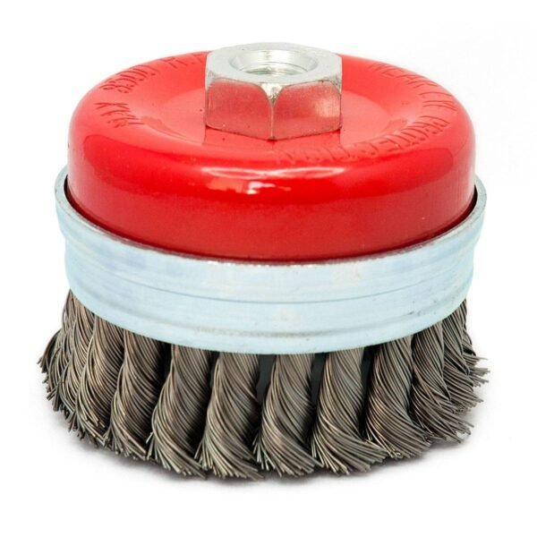 Red cup wire brush with steel bristles