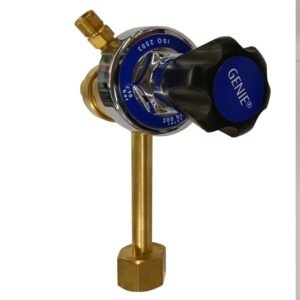 Brass gas pressure regulator with blue dial and knob