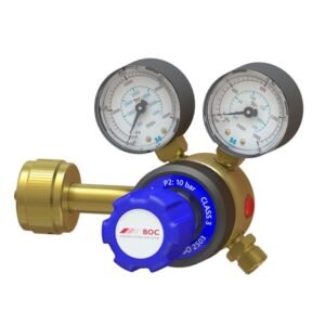 Gas pressure regulator with dual gauges and blue knob