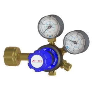 Dual gauge gas pressure regulator with blue knob