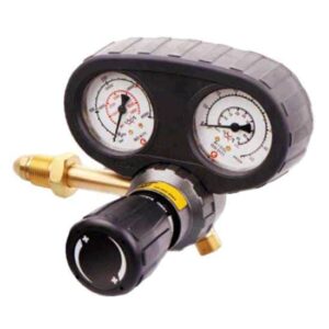 Dual-gauge gas pressure regulator with brass fitting