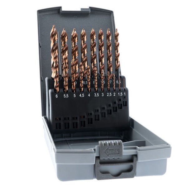 Metal drill bit set in plastic case