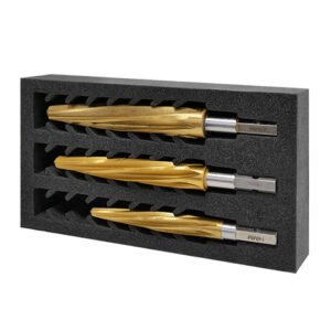 Three gold spiral drill bits in foam case