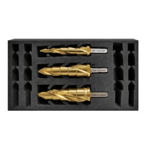 Three gold step drill bits in foam case