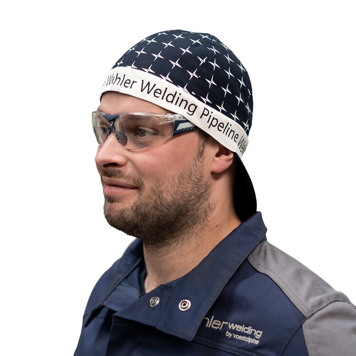 Man wearing safety glasses and welding cap