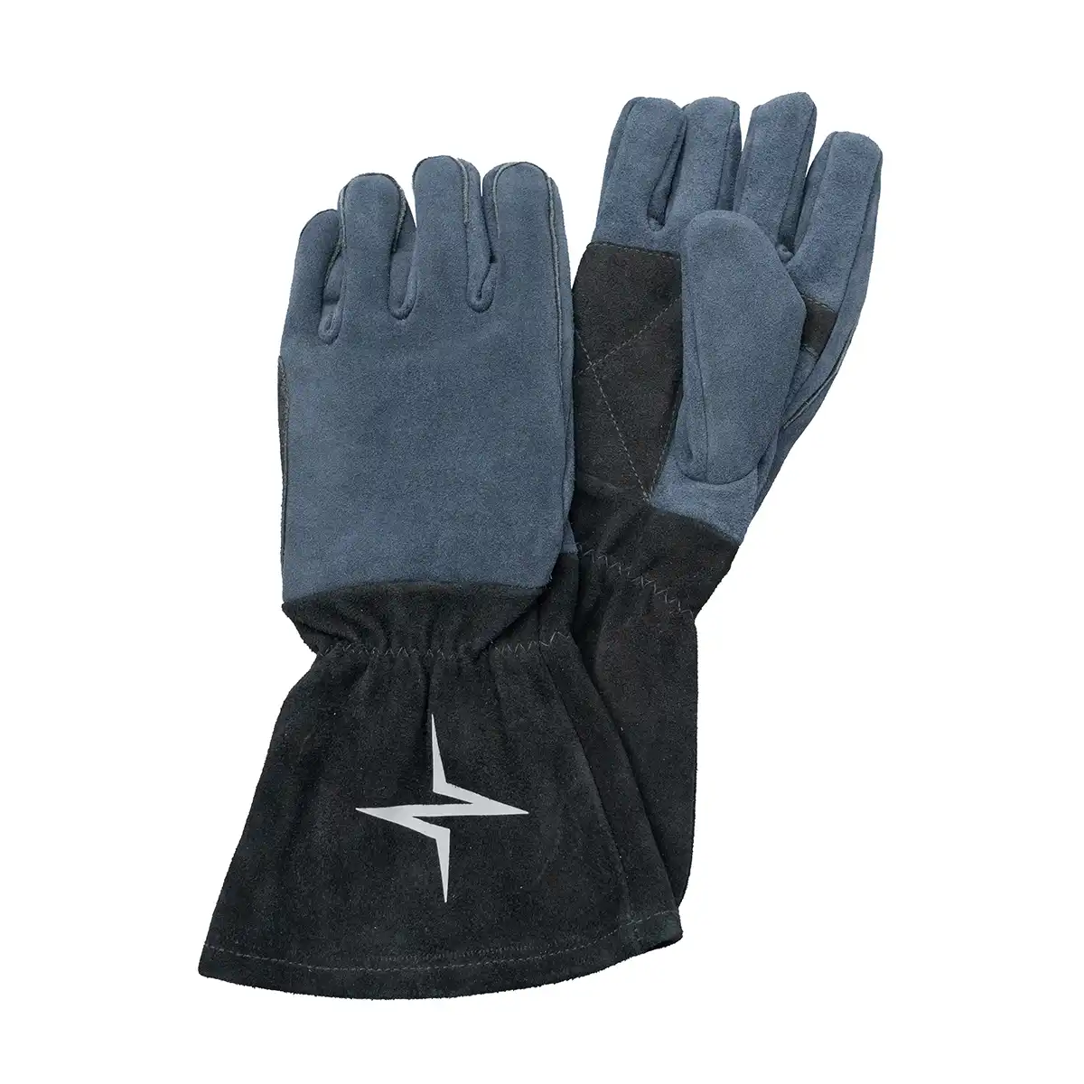 Blue and black insulated winter gloves with long cuffs