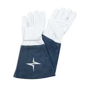 White leather welding gloves with long blue cuffs
