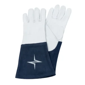 White leather welding gloves with blue cuffs