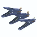 Three blue welding ground clamps with brass bolts