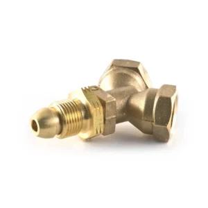 Brass angle plumbing valve fitting on white background