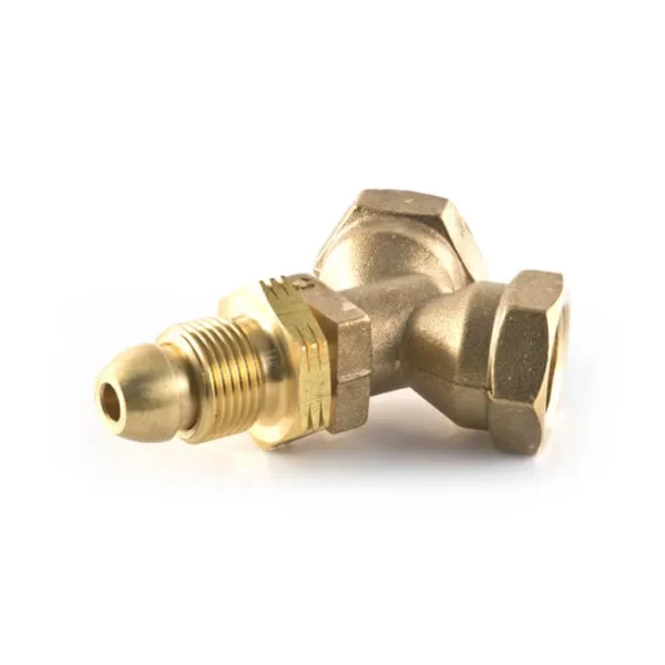 Brass angle plumbing valve fitting on white background